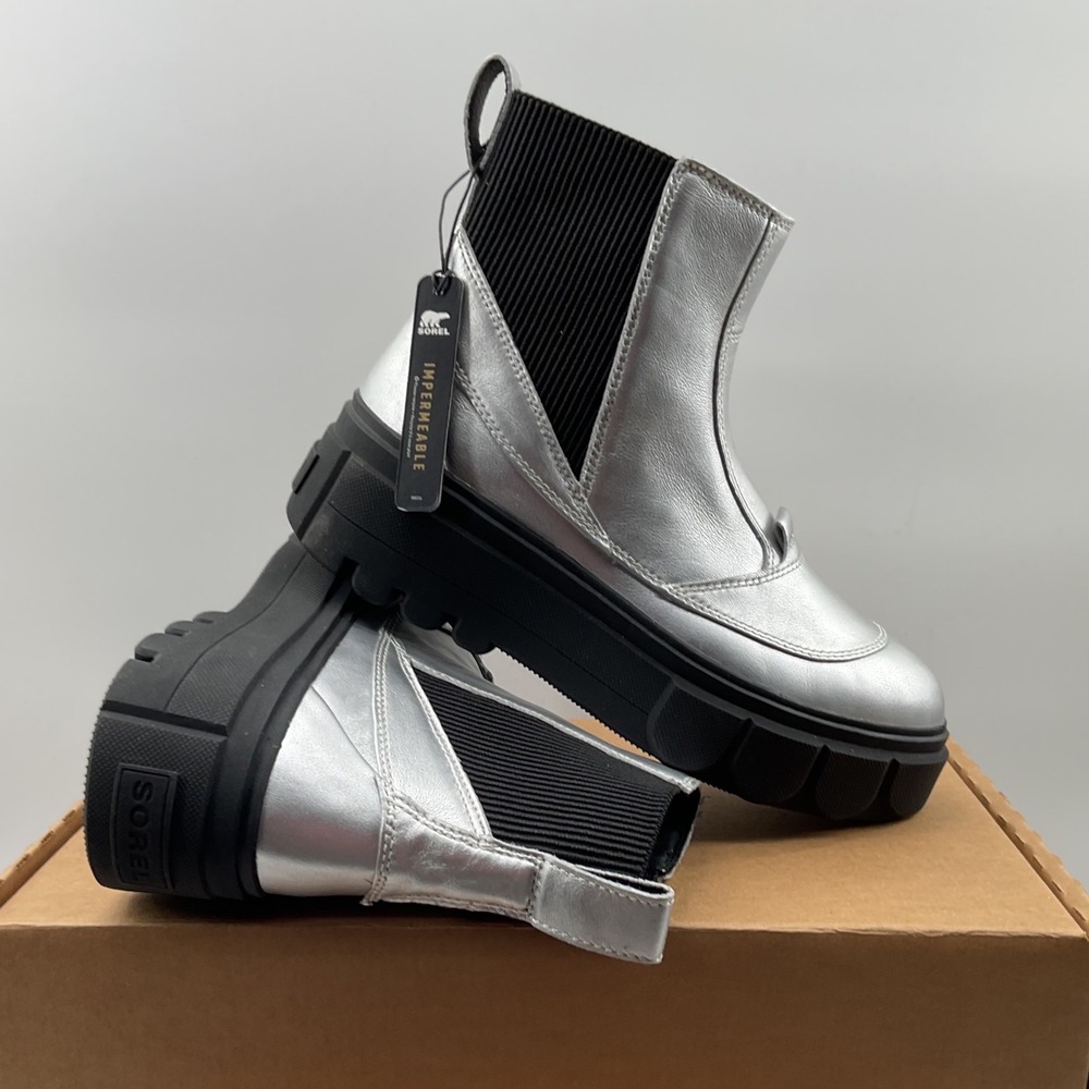 Sorel Brex Boot Chelsea Silver Metallic Waterproof Platform Boots NL5014-034 9.5